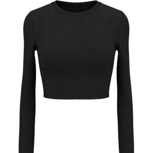 OFFLINE by Aerie Black Ribbed Long Sleeve Crop Top XS Activewear Crew Neck Basic